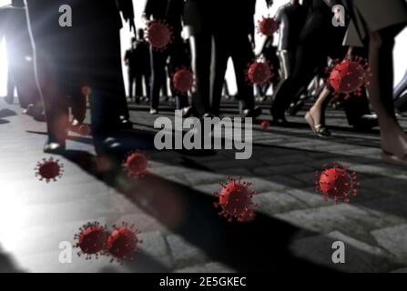 beaucoup de gens dans le concept de l'heure de pointe avec des particules nées de l'air De Covid 19 qui les entoure rendu 3d Banque D'Images