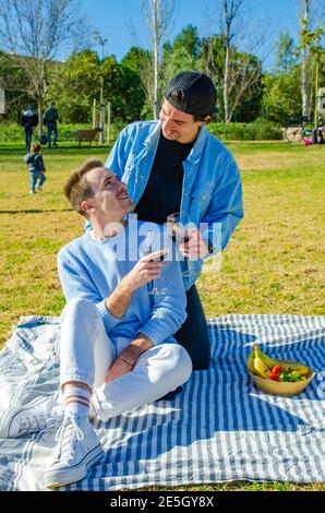 Photo verticale d'un décontracté couple gay Toaster Glass of Wine Au parc de pique-nique au printemps Banque D'Images