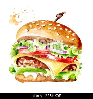 Hamburger frais et savoureux. Illustration aquarelle dessinée à la main, isolée sur fond blanc Banque D'Images
