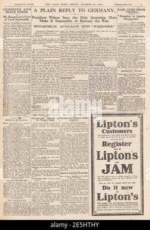 1918 Daily News page 5 les conditions de paix alliées à l'Allemagne Banque D'Images