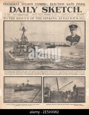 1918 Daily Sketch première page du naufrage de HMS audacieux Banque D'Images