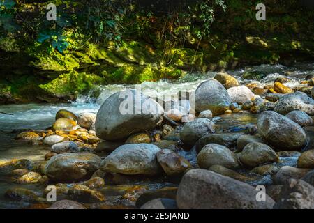 Le ruisseau de montagne coule rapidement entre les grosses pierres et les galets. Banque D'Images