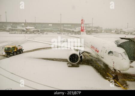 Zurich, Suisse - 15 janvier 2021 : arrêt de l'avion en raison de chutes de neige à l'aéroport de Zurich en Suisse Banque D'Images