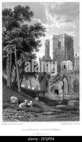 Gravure de la cathédrale de Llandaff, le Glamourganshire a scanné à haute résolution à partir d'un livre publié en 1854. Je pensais libre de droits d'auteur. Banque D'Images