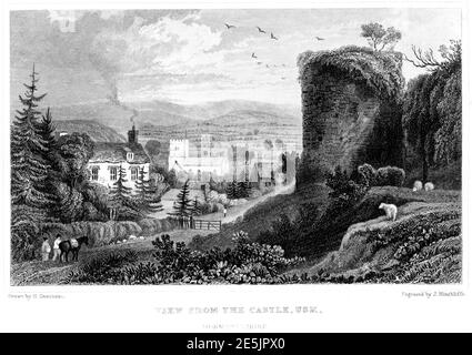 Une gravure de la vue du Château, Usk, Monbucshire scanné à haute résolution d'un livre publié en 1854. Je pensais libre de droits d'auteur. Banque D'Images