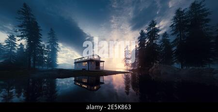 Lac avec maison ancienne minuscule dans un environnement de forêt de coucher de soleil. rendu 3d. Banque D'Images