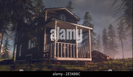 Petite maison vintage dans un environnement de forêt le matin. rendu 3d. Banque D'Images