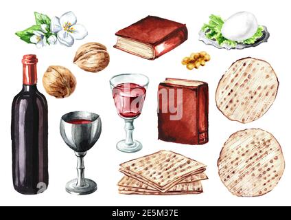 Ensemble d'éléments de repas de la Pâque Seder. Vacances juives Pesach. Illustration aquarelle dessinée à la main, isolée sur fond blanc Banque D'Images