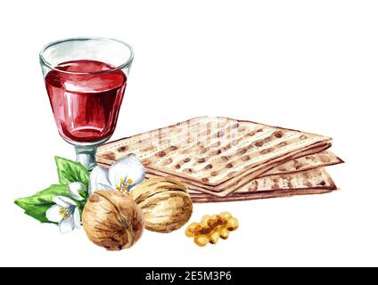 Vin casher rouge dans le verre, quelques noix et matzah ou matza. Repas de la Pâque. Pesach. Aquarelle dessin à la main, illustration isolée sur fond blanc Banque D'Images