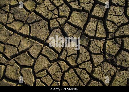 Texture de la terre de sécheresse, étés secs, sol craqué, sol sur le terrain, terre craquée floue. Concept de réchauffement de la planète et d'effet de serre. Banque D'Images