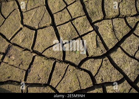 Texture de la terre de sécheresse, étés secs, sol craqué, sol sur le terrain, terre craquée floue. Concept de réchauffement de la planète et d'effet de serre. Banque D'Images