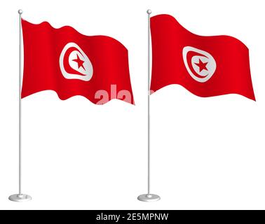 Drapeau de la République tunisienne sur le mât agitant sous le vent. Élément de design des fêtes. Point de contrôle pour les symboles de carte. Vecteur isolé sur fond blanc Illustration de Vecteur