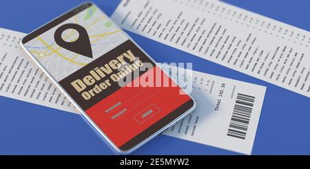 Concept de livraison de commande en ligne. Smartphone et reçus papier sur fond bleu. Bon de livraison en ligne sur l'écran du téléphone mobile. illustration 3d Banque D'Images