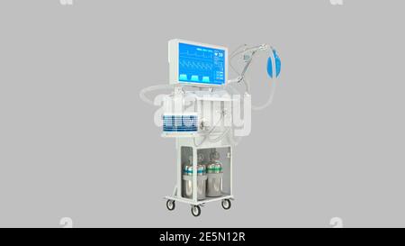 Illustration médicale 3d, rendu du ventilateur pulmonaire en USI Banque D'Images