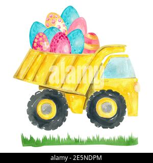 Camion jaune avec œufs de Pâques sur fond blanc. Enfants design pour la décoration de la chambre d'enfants, cartes postales, T-shirts, tasses, cartes, affiches Banque D'Images