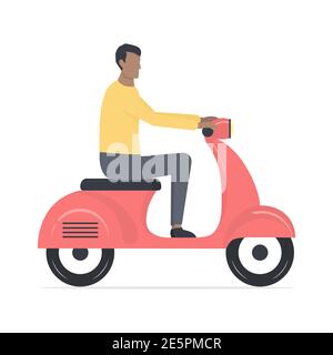 Jeune homme africain mignon sur scooter de moteur. Dessin animé noir peau Guy personnage sur le scooter de moteur rouge. Concept de mode de vie sain. Illustration vectorielle Illustration de Vecteur