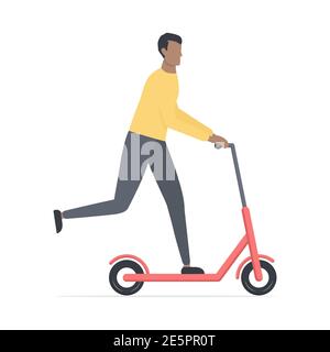 Jeune homme africain mignon en scooter. Dessin animé noir peau de type personnage sur scooter électrique. Concept de mode de vie sain. Illustration de Vecteur