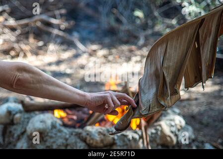 Cuisson des pommes de terre cuites au feu dans des plats chauds. Enterrés de savoureux légumes dans le papier aluminium dans le feu de camp lors du pique-nique. Plats végétariens à l'extérieur. Pommes de terre frites au feu, barbecue. Nourriture en forêt, dîner en soirée. Photo de haute qualité Banque D'Images