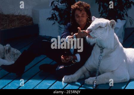 ROY HORN, deutsch-amerikanischer Magier, Zauberkünstler und Dompteur, berühmt mit seinem Las Vegas Show-Partner: Siegfried und Roy, hier auf dem Bild mit seinem weißen Tiger, Juni 1991. ROY HORN, Allemand-américain Magicien et tamère, célèbre avec son partenaire du Las Vegas Show Siegfried et Roy, sur la photo avec le tigre blanc, juin 1991. Banque D'Images