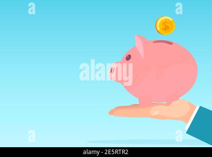 Vecteur d'une main d'homme d'affaires tenant une banque de porc rose avec dépôt de pièces en dollars Illustration de Vecteur
