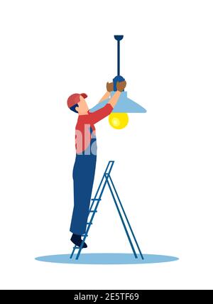 Vecteur d'installation d'une lampe isolée sur blanc par un électricien arrière-plan Illustration de Vecteur