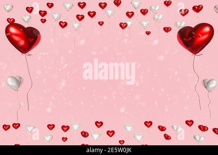 Une composition créative romantique. Bonne Saint Valentin. Objets décoratifs en 3d réalistes, ballons en forme de coeur pour banderole et poster des fêtes. Banque D'Images