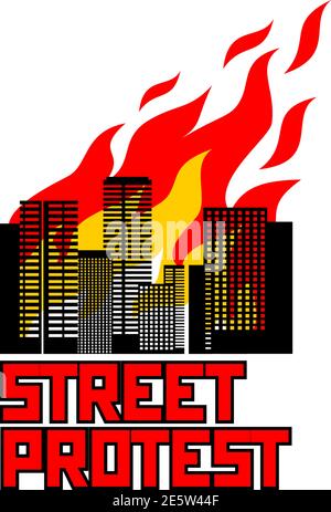 Manifestations et affrontements dans la ville. Incendie Maisons à plusieurs étages à conception plate Vector transparent Illustration de Vecteur