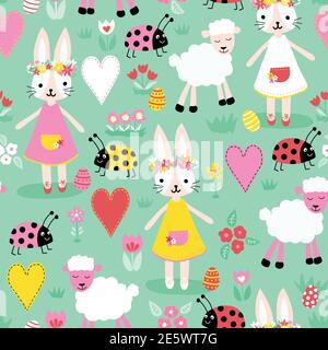 Vector sans couture répétition pattern puildish avec de mignons lapins coccinelles œufs de mouton coeur sur un fond turquoise vert pastel. Conception pour une pépinière Illustration de Vecteur