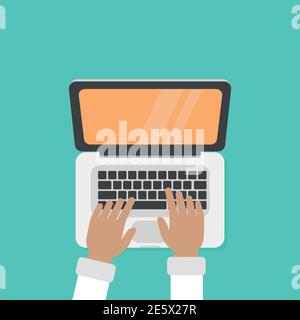 ordinateur portable et mains sur le clavier. mains humaines utilisant l'ordinateur isolé sur fond bleu. vue du dessus du carnet. indépendant assis sur une table de travail et t Illustration de Vecteur