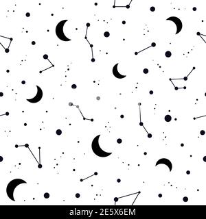 Motif sans couture avec constellations noires, étoiles et croissant de lune sur fond blanc. Illustration vectorielle. Ciel nocturne, univers, espace. Galaxy Backg Illustration de Vecteur