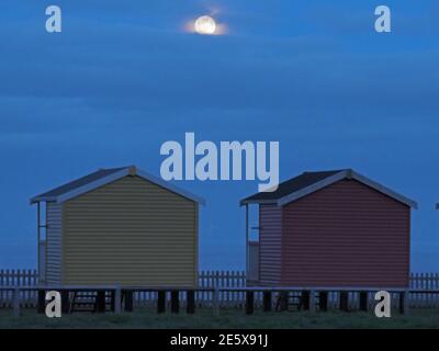 Leysdown, Kent, Royaume-Uni. 28 janvier 2021. Météo au Royaume-Uni : la pleine lune du loup s'élève au-dessus des cabanes de plage à Leydown, dans le Kent - la première pleine lune de 2021. Crédit : James Bell/Alay Live News Banque D'Images