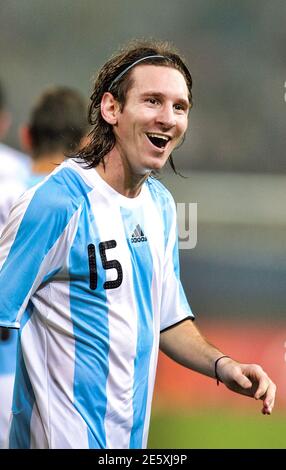 Lionel Messi aux Jeux Olympiques de 2008 dans un match contre les pays-Bas à Shanghai, le 186 août 2008, à Shanghai, Banque D'Images