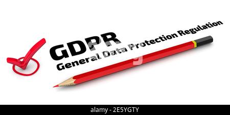 Une coche rouge avec texte noir GDPR. Réglementation générale de la protection des données et crayon rouge sur une surface blanche. Illustration 3D Banque D'Images