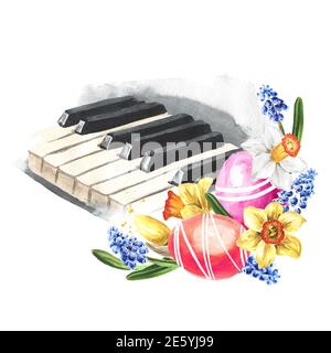 Touches de piano et fleurs printanières. Concept joyeuses Pâques. Illustration aquarelle dessinée à la main isolée sur fond blanc Banque D'Images