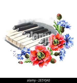 Touches de piano et fleurs. Concept musical d'été. Illustration aquarelle dessinée à la main isolée sur fond blanc Banque D'Images