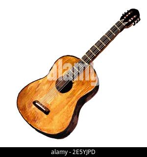 Instrument à cordes de guitare en bois. Illustration aquarelle dessinée à la main isolée sur fond blanc Banque D'Images