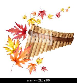 Flûte ou panpipe en bois et feuilles d'automne colorées. Concept musical d'automne. Illustration aquarelle dessinée à la main isolée sur fond blanc Banque D'Images