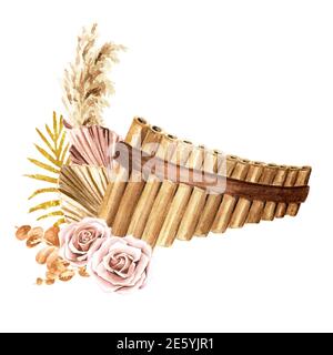 Composition de flûtes ou de panpipe en bois et de boho. Illustration aquarelle dessinée à la main isolée sur fond blanc Banque D'Images