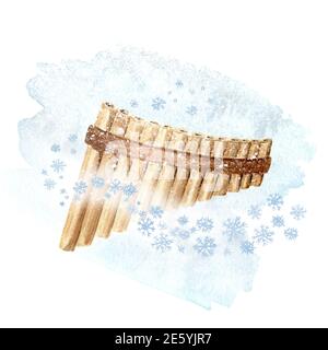 Flûte ou panpipe en bois, instruments de vent musical et flocons de neige. Concept de chant d'hiver. Illustration aquarelle dessinée à la main isolée sur fond blanc Banque D'Images