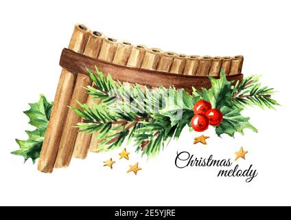 Flûte ou panpipe en bois, instruments de vent musical, chant d'hiver, concept de mélodie de Noël. Illustration aquarelle dessinée à la main isolée sur bac blanc Banque D'Images