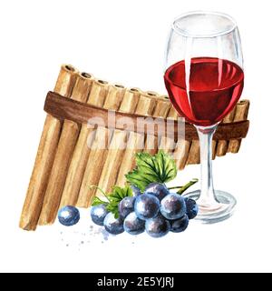 Flûte à bois ou panpipe et vin. Illustration aquarelle dessinée à la main isolée sur fond blanc Banque D'Images