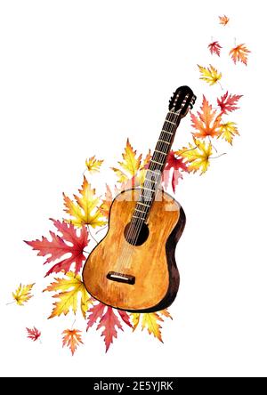 Instrument à cordes de guitare en bois et feuilles d'automne colorées. Concept musical d'automne. Illustration aquarelle dessinée à la main isolée sur fond blanc Banque D'Images