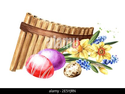 Flûte à bois ou panpipe et fleurs de printemps. Concept joyeuses Pâques. Illustration aquarelle dessinée à la main isolée sur fond blanc Banque D'Images