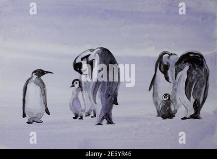 penguin famille s'occuper des bébés, aquarelle illustration Banque D'Images