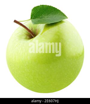 Pomme verte mûre simple avec feuille isolée sur fond blanc. Pomme Granny smith avec passe-cheveux. Profondeur de champ complète Banque D'Images