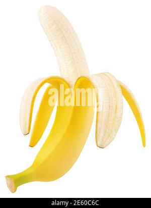 Banane à moitié pelée isolée sur fond blanc. Banane ouverte mûre avec passe-cheveux. Profondeur de champ complète Banque D'Images