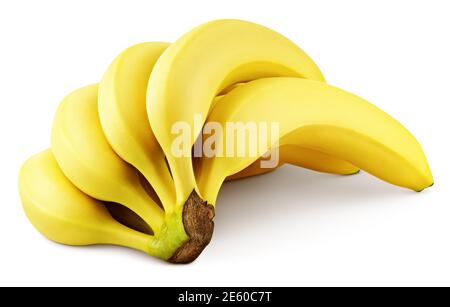 Bouquet de bananes jaunes isolées sur fond blanc. Bananes mûres avec passe-cheveux. Profondeur de champ complète Banque D'Images