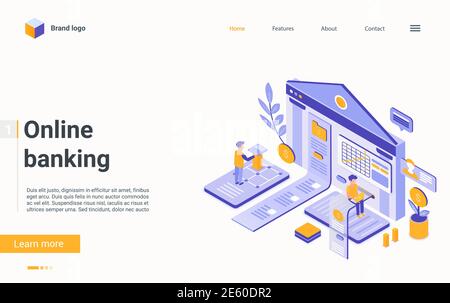 Illustration vectorielle isométrique de la technologie financière de la banque en ligne. Cartoon 3d clients utilisant la machine bancaire mobile pour transférer ou payer à partir de portefeuille numérique, paiement, la page d'accueil de la comptabilité financière Illustration de Vecteur