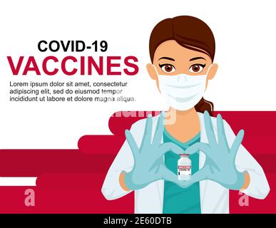 Concept une femme médecin dans un masque montre son coeur avec ses mains et tient un vaccin contre le coronavirus. Bannière, prospectus adaptés. Vaccination des personnes Illustration de Vecteur