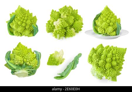 Collection de brocoli romanesco ou de chou-fleur romain isolé sur fond blanc. Définir Banque D'Images